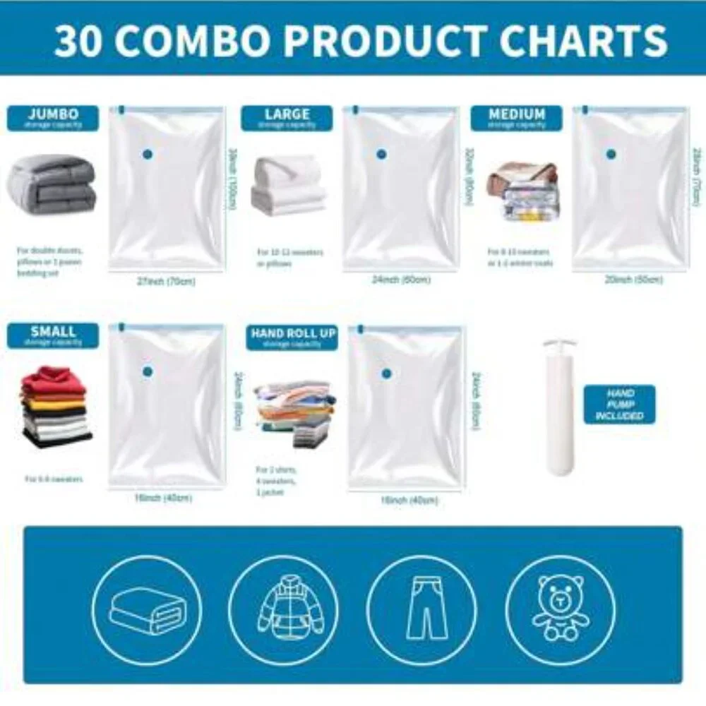 30 Pack Vacuum Sealer Bags for Clothes Storage, Hand Pump Included